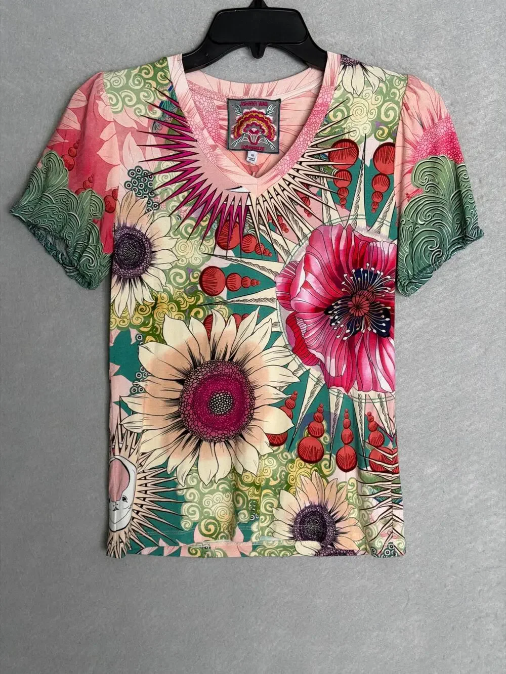 Johnny Was The Janie T-Shirt V-Neck Puff Sleeve in Emily Women's XS NEW